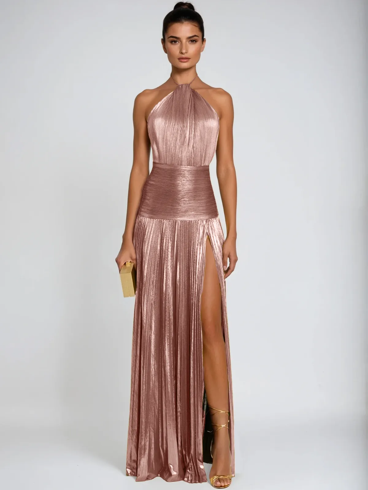 Syriona Halterneck Split Pleated Metallic Maxi Dress In Pink sold by Mew Mews