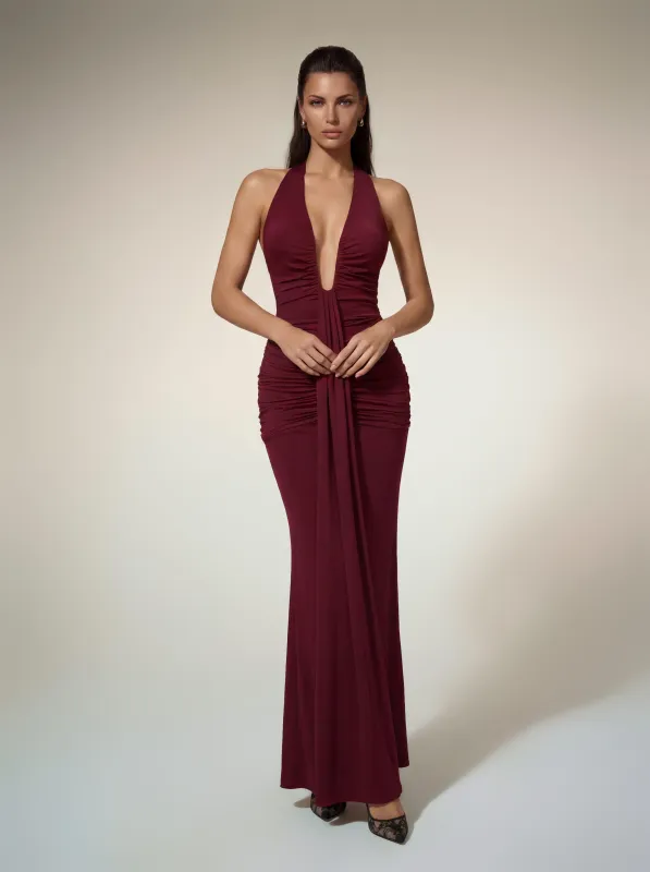 Alyshea Halterneck Ruched Maxi Dress In Wine sold by Mew Mews