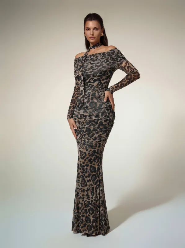 Alysha Long Sleeve Leopard Maxi Dress made by Mew Mews