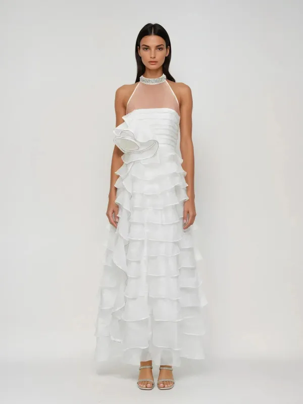 Xavqor Ruffle Tiered Rhinestone Maxi Dress sold by Mew Mews