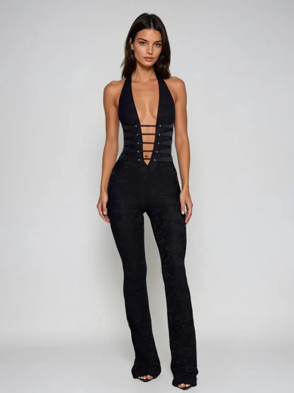 Ixelyn Plunge Neck Lace Jumpsuit made by Mew Mews