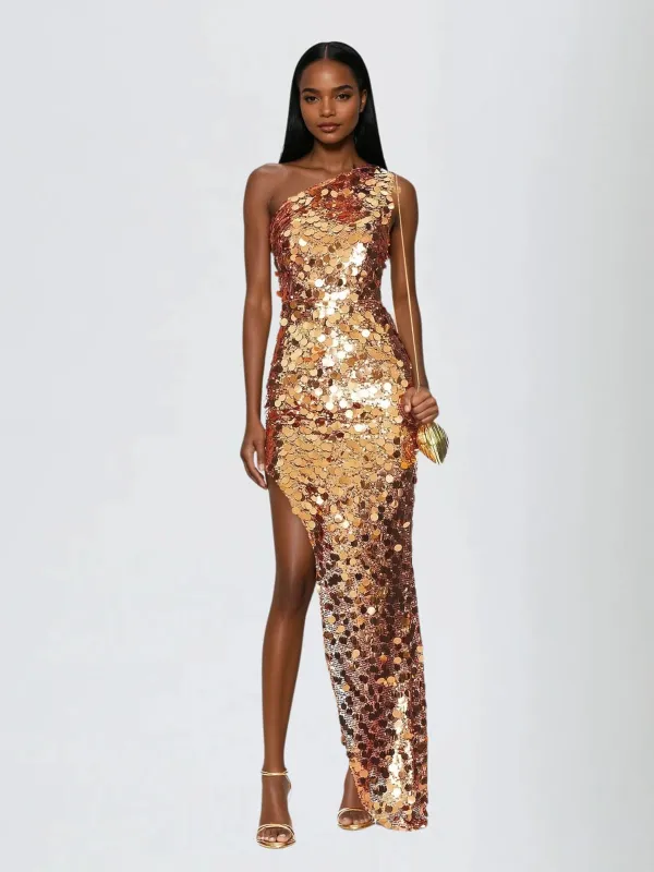 Zev One Shoulder Asymmetric Sequin Dress sold by Mew Mews