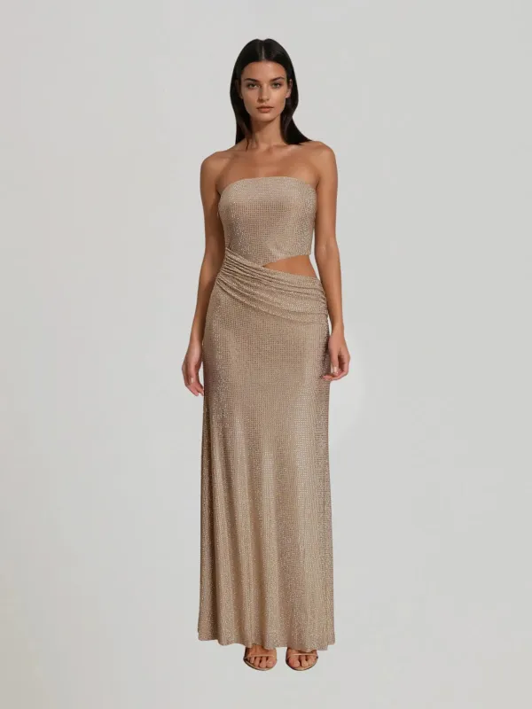 Zelyxa Strapless Rhinestone Cutout Maxi Dress sold by Mew Mews