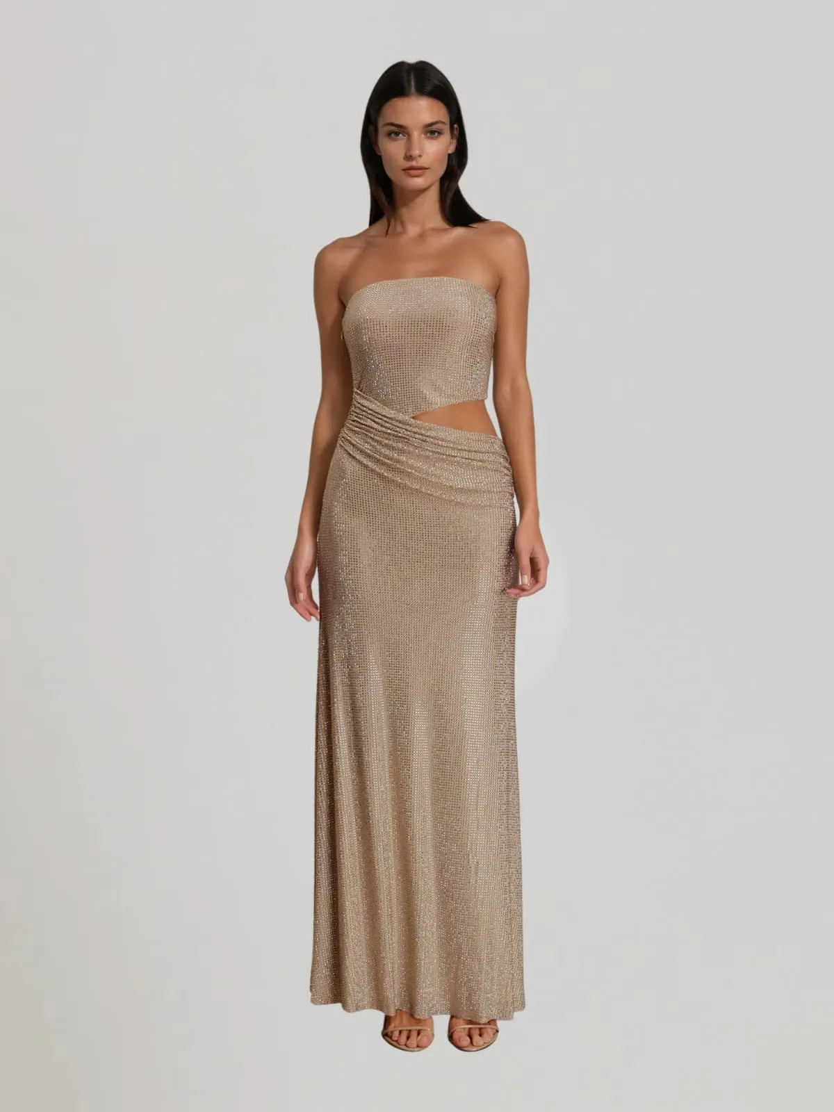 Zelyxa Strapless Rhinestone Cutout Maxi Dress sold by Mew Mews