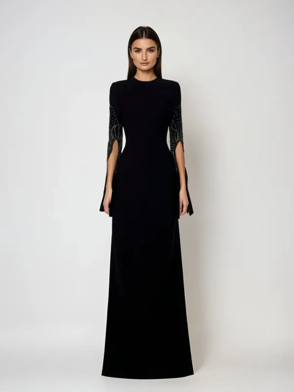 Corylin Cape Sleeve Rhinestone Maxi Dress sold by Mew Mews