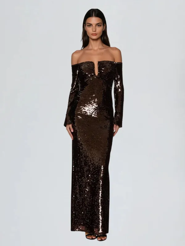 Uxoryl Off Shoulder Sequin Split Maxi Dress sold by Mew Mews