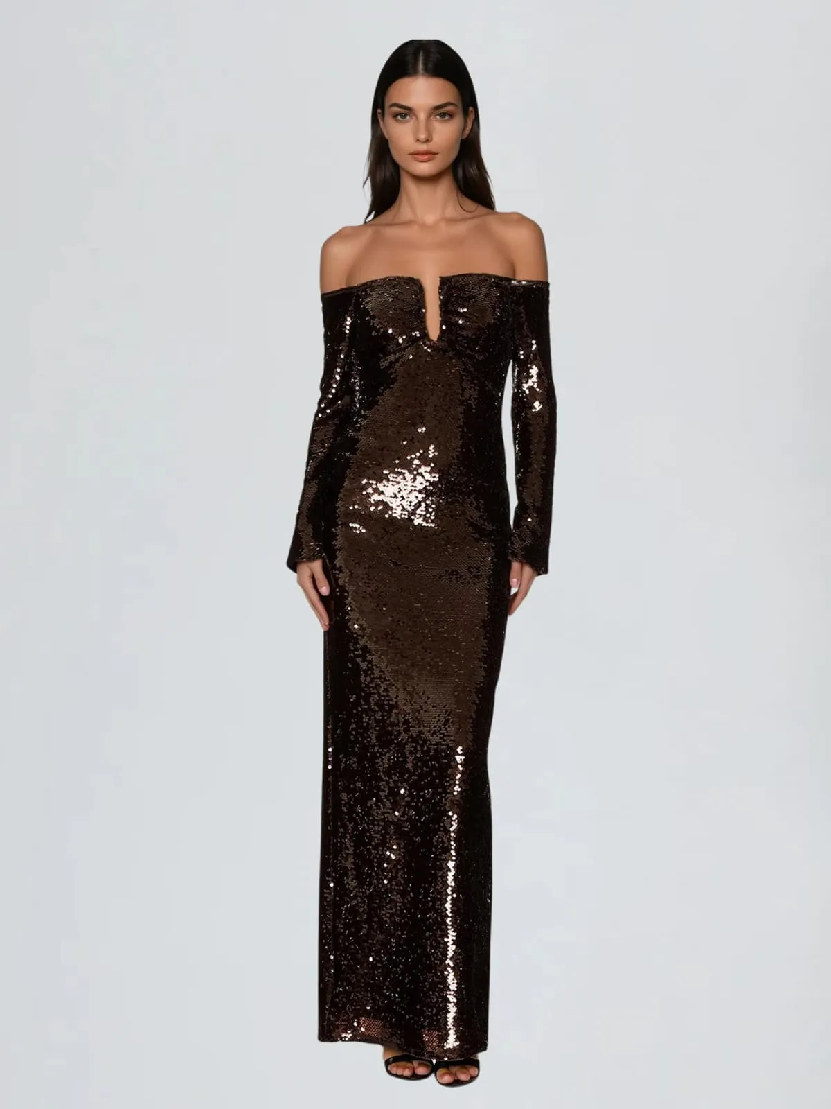 Uxoryl Off Shoulder Sequin Split Maxi Dress sold by Mew Mews