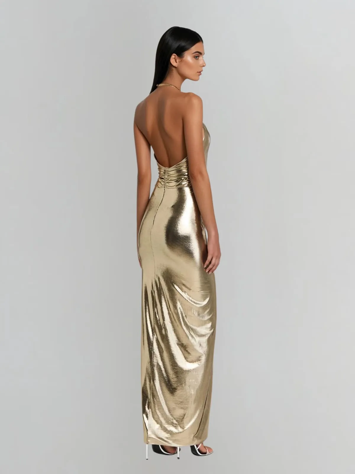 Wavelyn Backless Twisted Split Metallic Maxi Dress sold by Mew Mews product image thumbnail 4