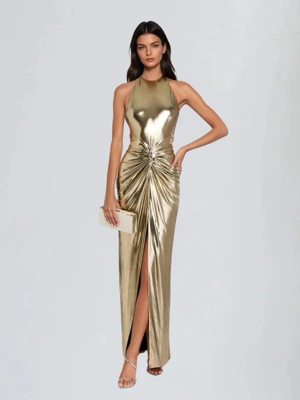 Wavelyn Backless Twisted Split Metallic Maxi Dress made by Mew Mews