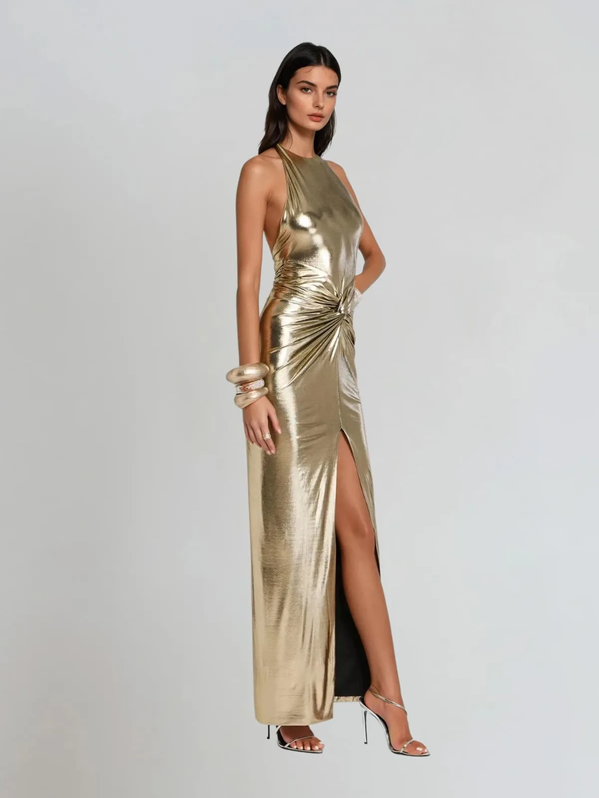 Wavelyn Backless Twisted Split Metallic Maxi Dress sold by Mew Mews product image thumbnail 3