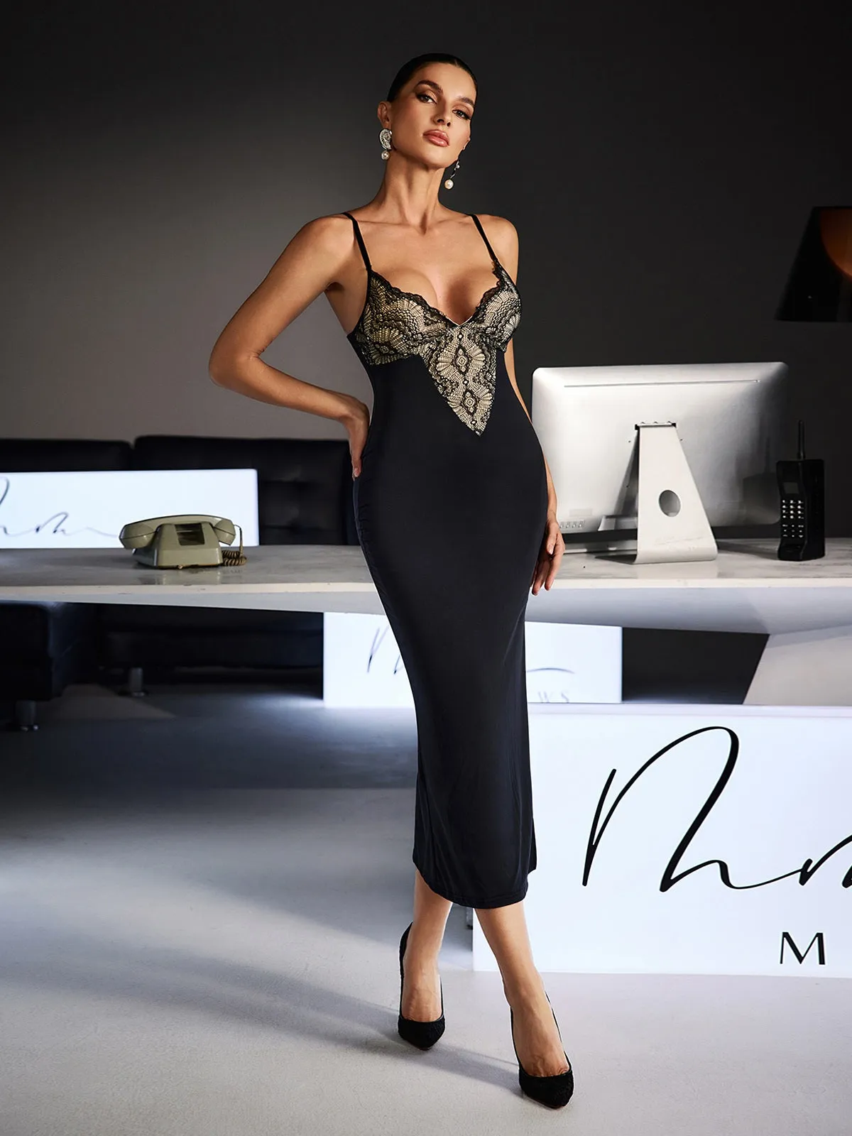 Feride Spaghetti Lace Bodycon Midi Dress sold by Mew Mews product image thumbnail 3