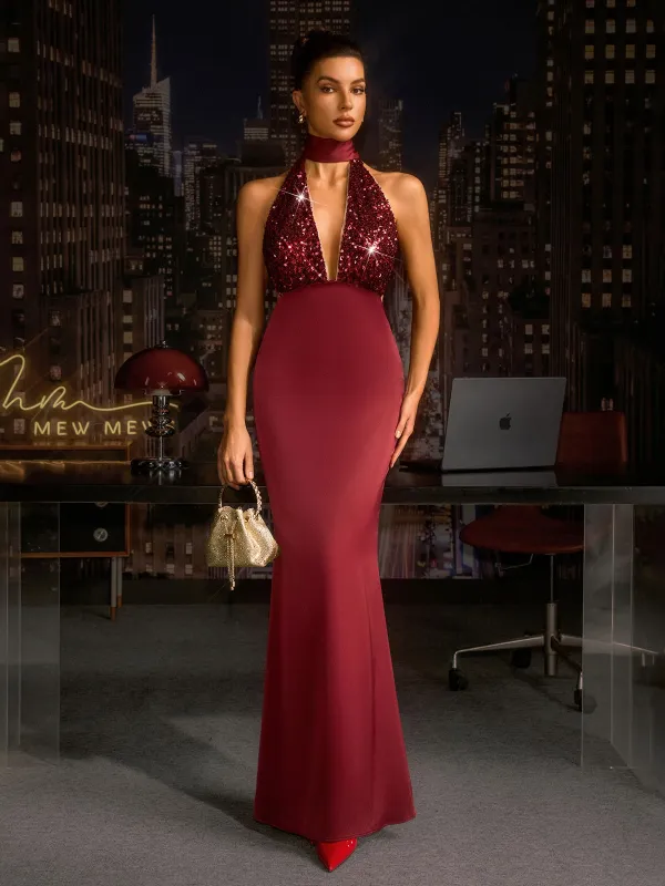 Iverynx Plunge Neck Satin Sequin Maxi Dress made by Mew Mews