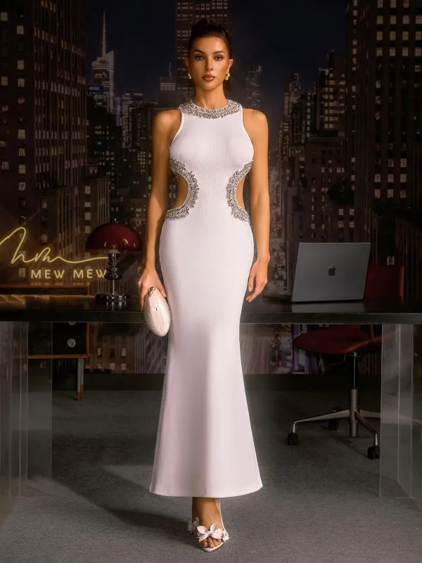 Lenticor Sleeveless Cutout Crystal Maxi Dress In White made by Mew Mews