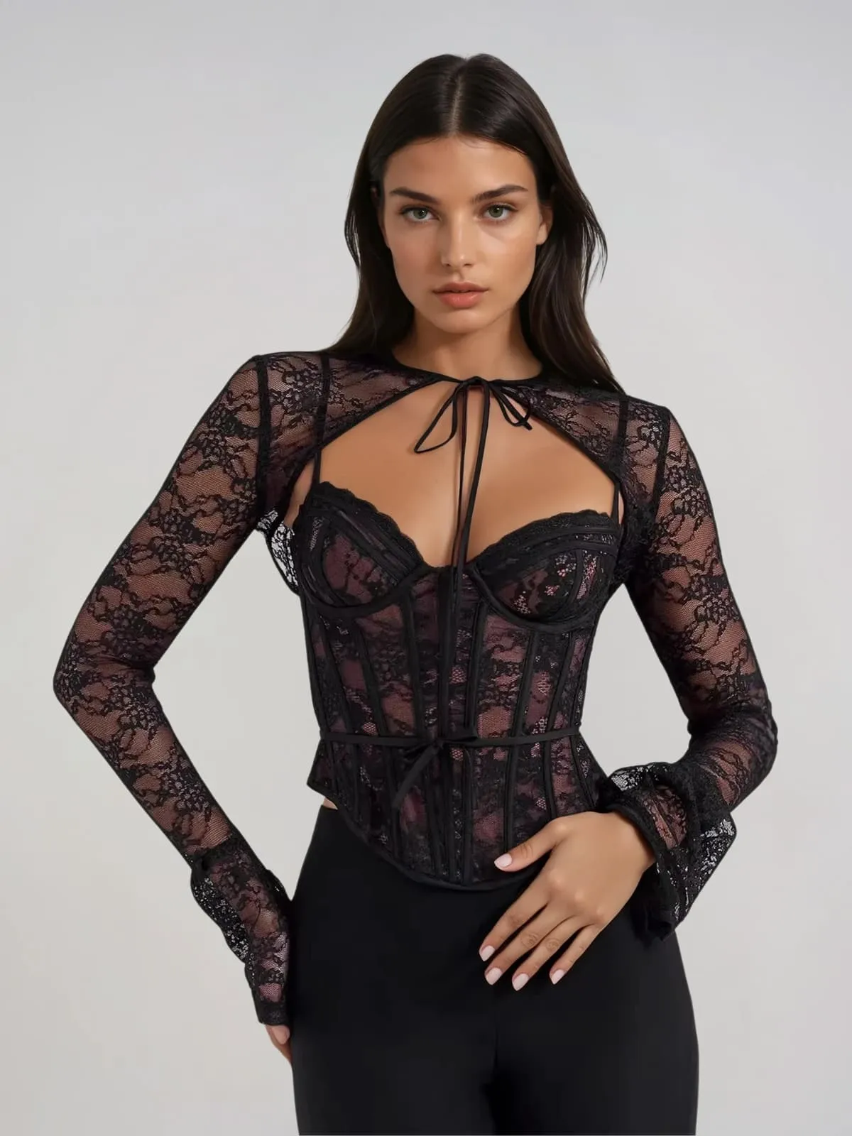 Oxalyx Long Sleeve Corset Lace Top sold by Mew Mews product image thumbnail 2