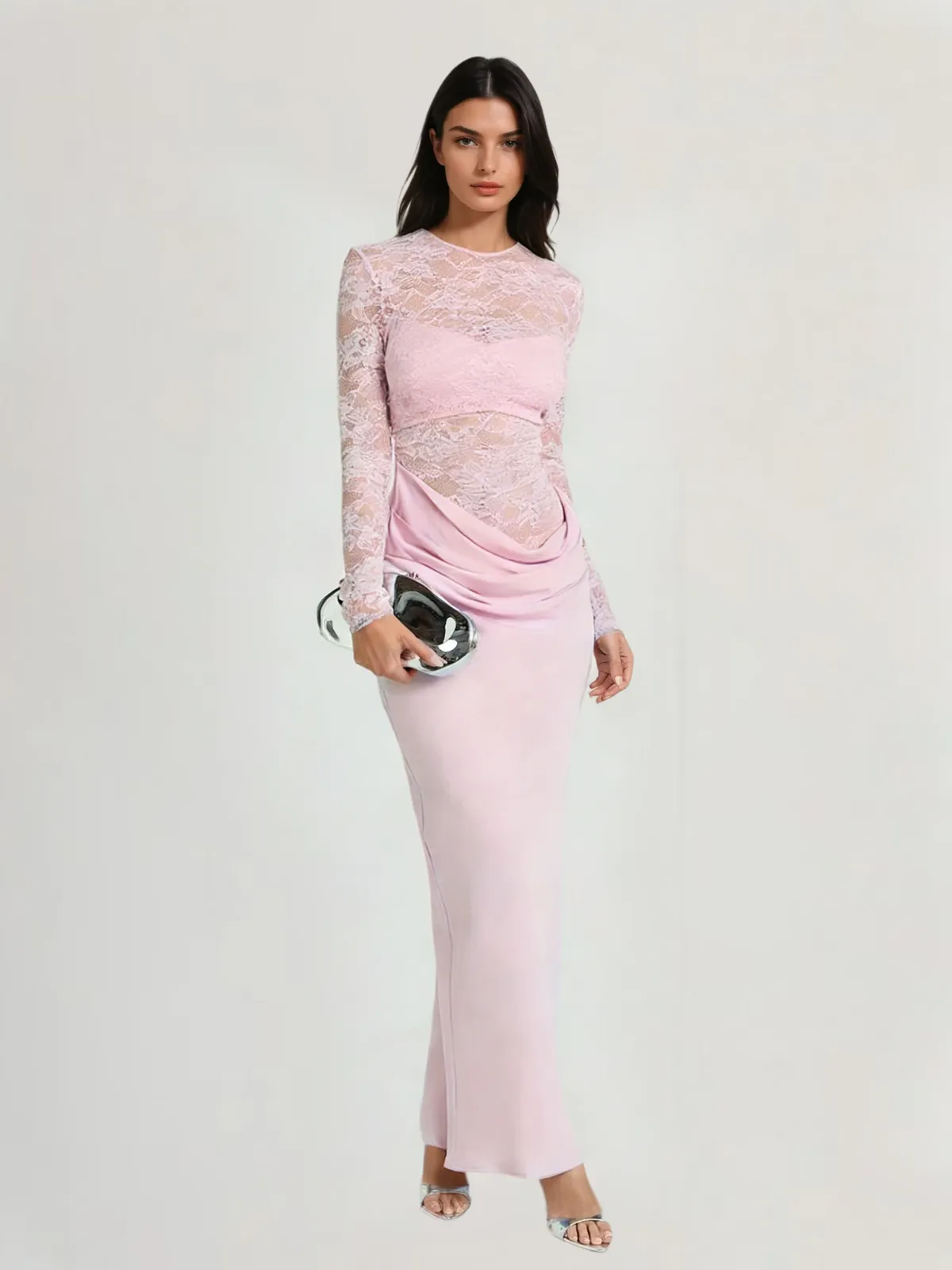 Ravynix Lace Satin Ruched Maxi Dress sold by Mew Mews product image thumbnail 2