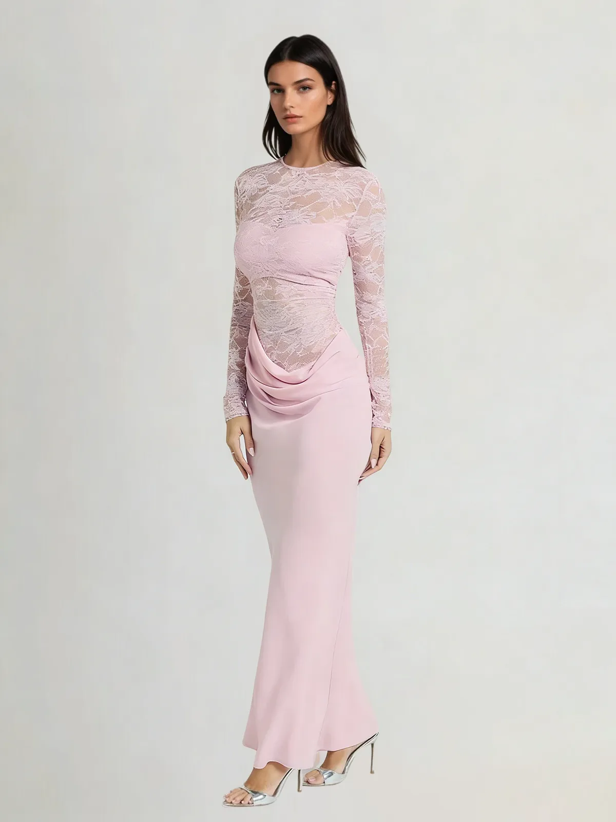Ravynix Lace Satin Ruched Maxi Dress sold by Mew Mews product image thumbnail 4