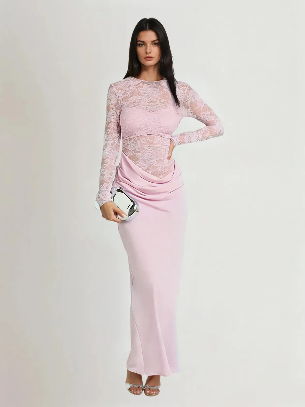 Ravynix Lace Satin Ruched Maxi Dress sold by Mew Mews product image thumbnail 3
