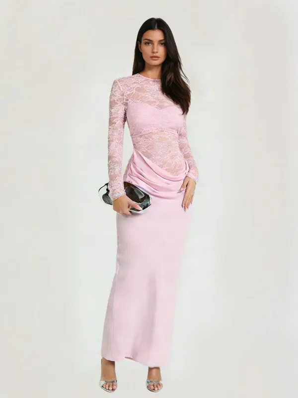 Ravynix Lace Satin Ruched Maxi Dress sold by Mew Mews