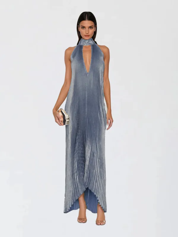 Wylith Backless Metallic Pleated Maxi Dress made by Mew Mews