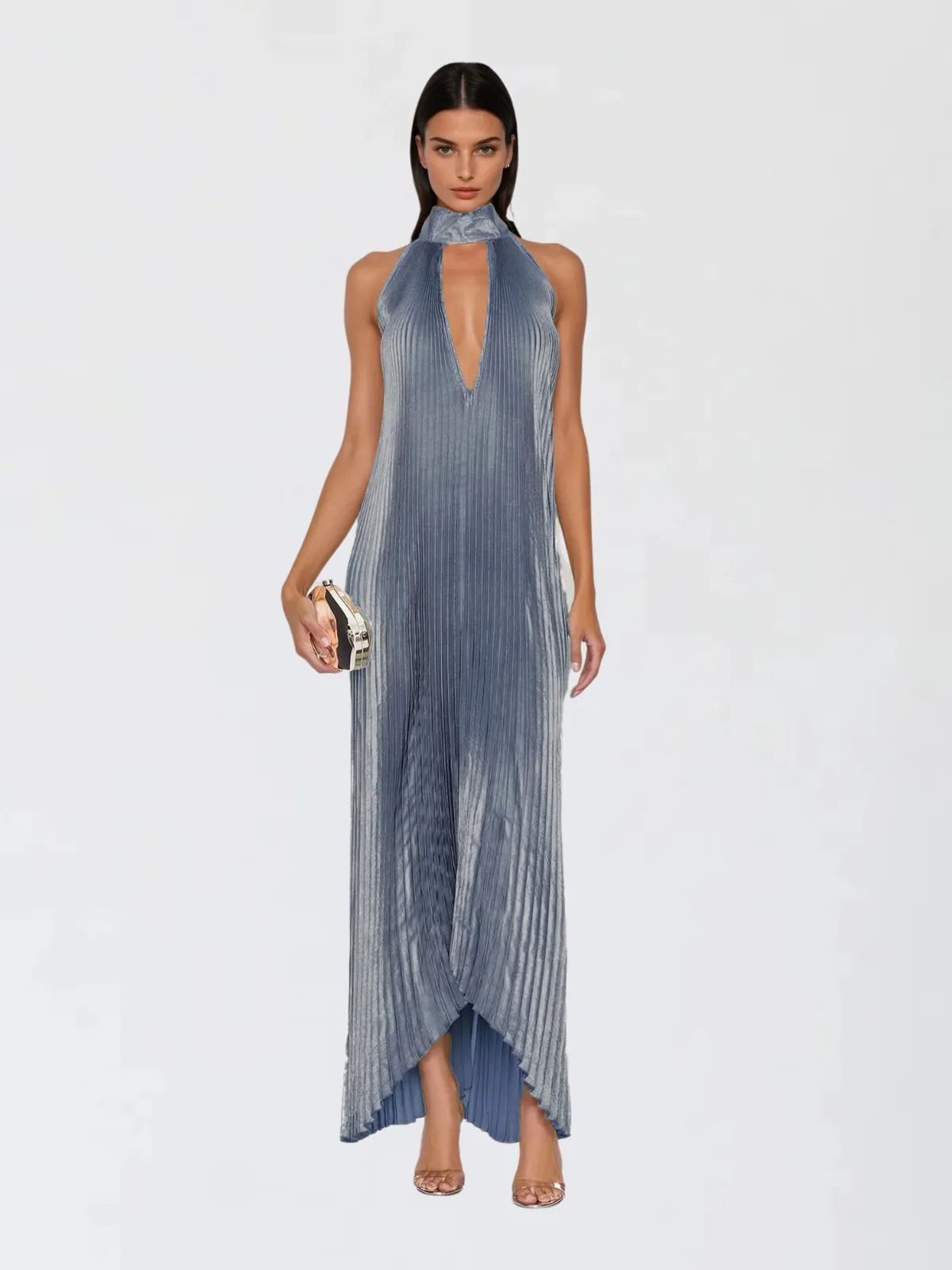 Wylith Backless Metallic Pleated Maxi Dress sold by Mew Mews