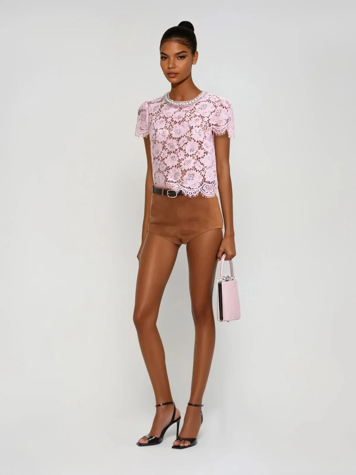 Zyren Short Sleeve Lace Rhinestone Top In Pink sold by Mew Mews product image thumbnail 2