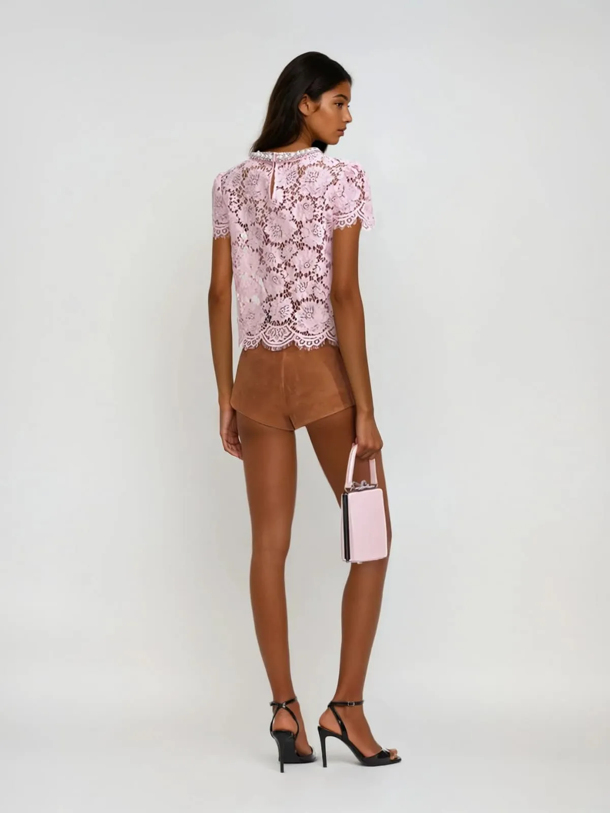 Zyren Short Sleeve Lace Rhinestone Top In Pink sold by Mew Mews product image thumbnail 4