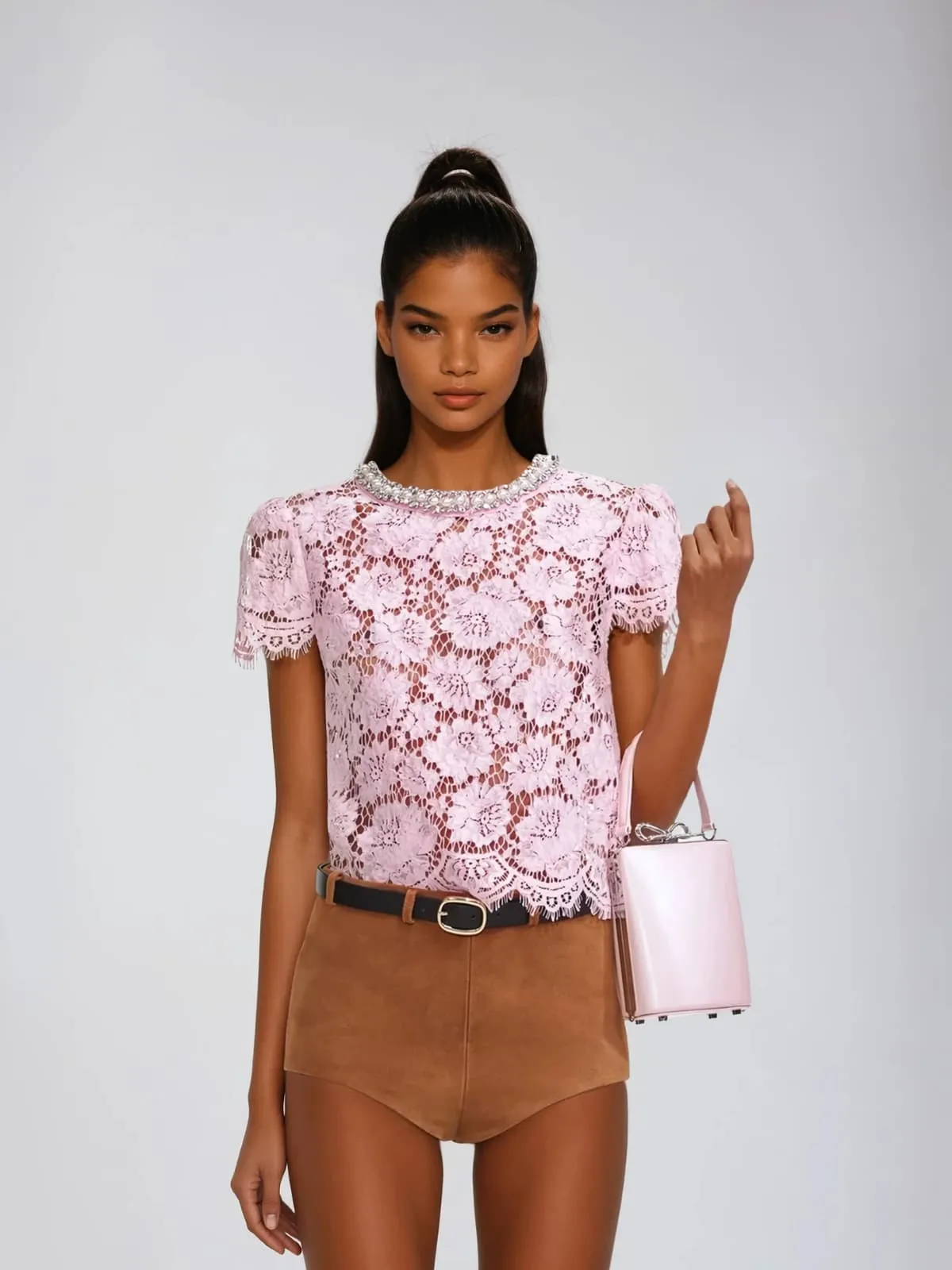 Zyren Short Sleeve Lace Rhinestone Top In Pink sold by Mew Mews product image thumbnail 3