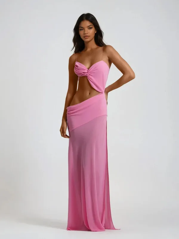 Beryvin Spaghetti Cutout Split Maxi Dress In Pink made by Mew Mews