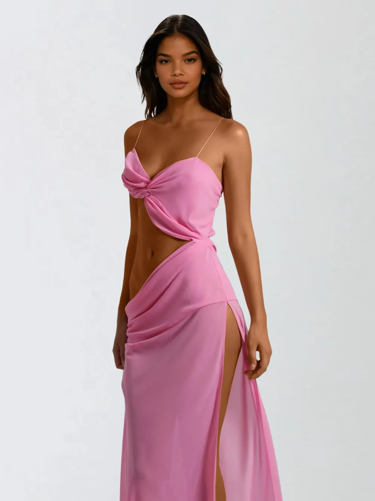 Beryvin Spaghetti Cutout Split Maxi Dress In Pink sold by Mew Mews product image thumbnail 2