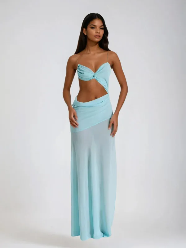 Beryvin Spaghetti Cutout Split Maxi Dress In Sky made by Mew Mews