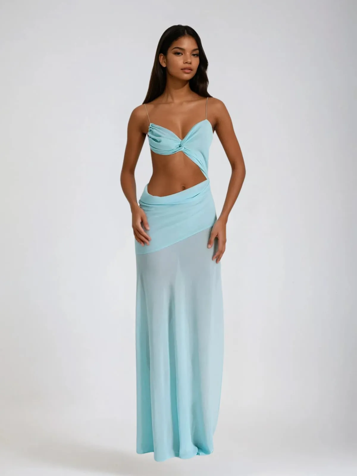 Beryvin Spaghetti Cutout Split Maxi Dress In Sky sold by Mew Mews