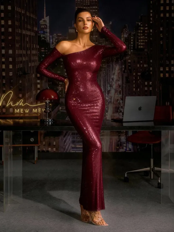 Garneth One Shoulder Rhinestone Maxi Dress In Purple sold by Mew Mews