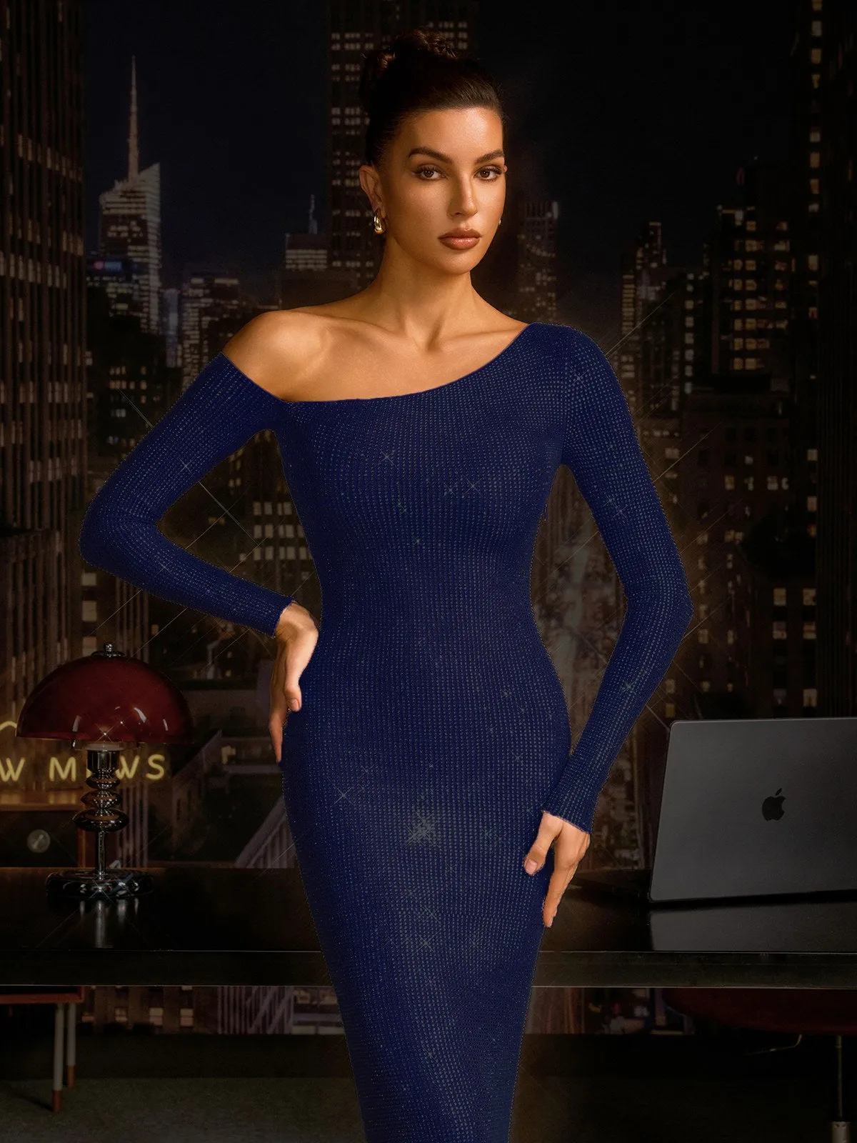 Garneth One Shoulder Rhinestone Maxi Dress In Navy sold by Mew Mews product image thumbnail 5