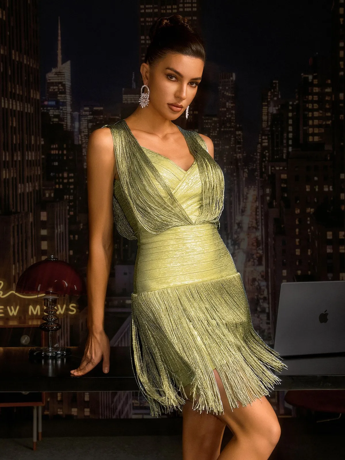 Pyrith V Neck Fringe Bandage Mini Dress In Gold sold by Mew Mews product image thumbnail 3