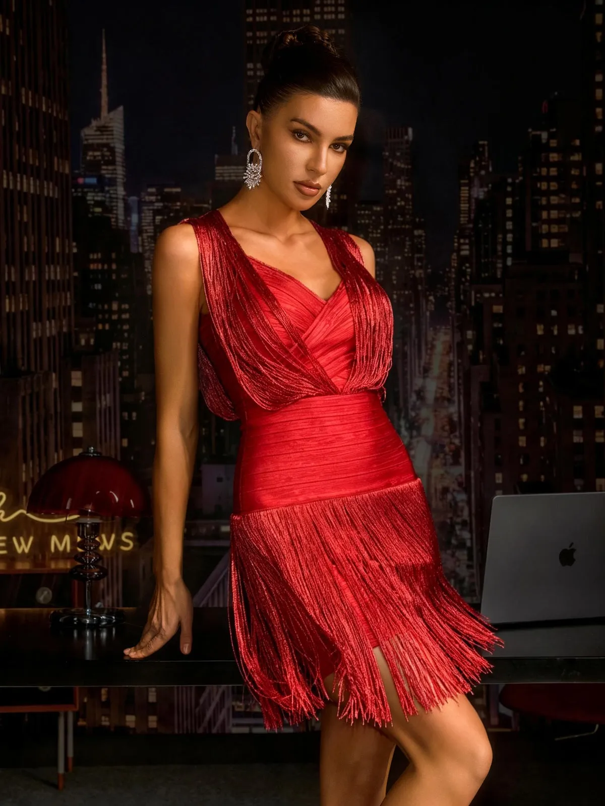 Pyrith V Neck Fringe Bandage Mini Dress In Red sold by Mew Mews product image thumbnail 3