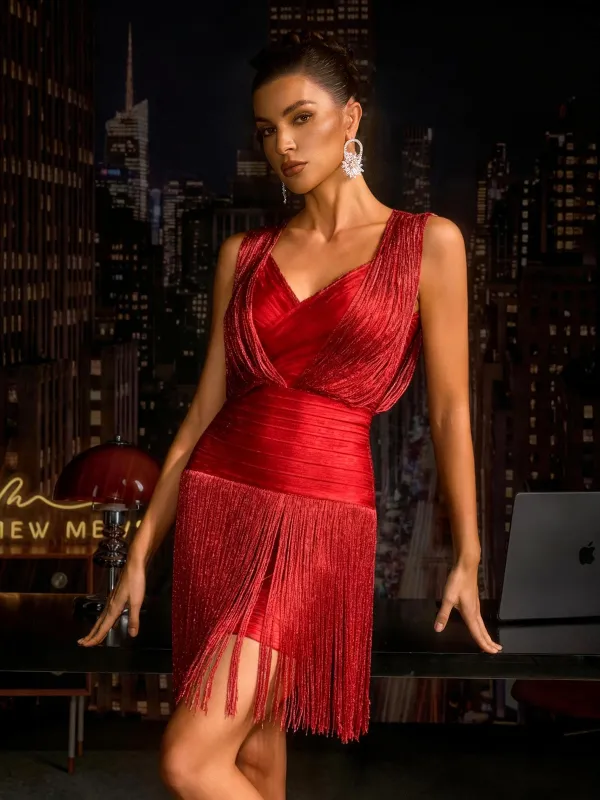 Pyrith V Neck Fringe Bandage Mini Dress In Red sold by Mew Mews