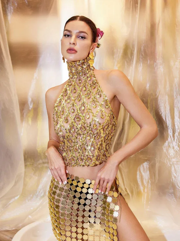 Liora Sequin Crystal Top In Gold sold by Mew Mews