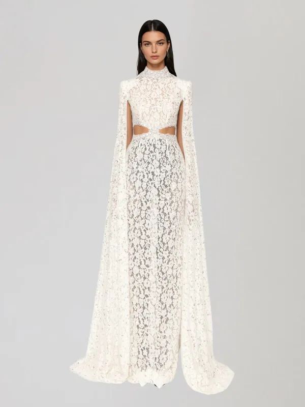 Nevra Cape Sleeve Rhinestone Cutout Maxi Dress sold by Mew Mews