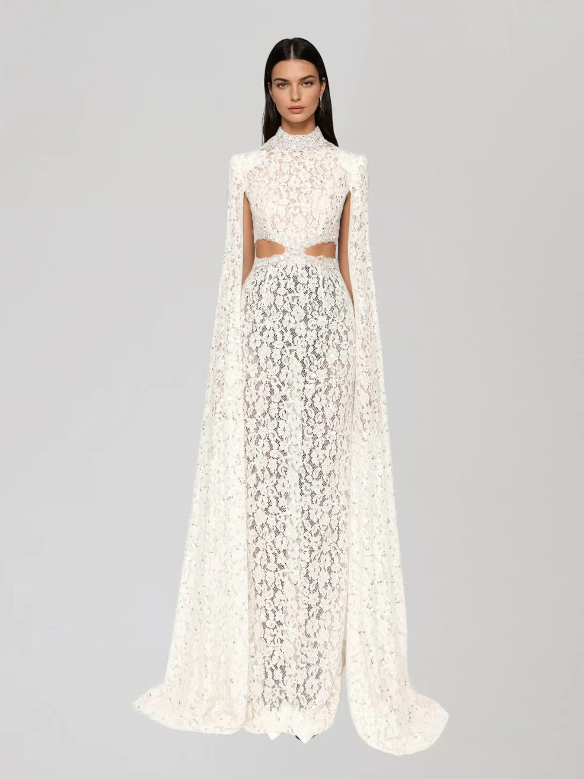 Nevra Cape Sleeve Rhinestone Cutout Maxi Dress sold by Mew Mews