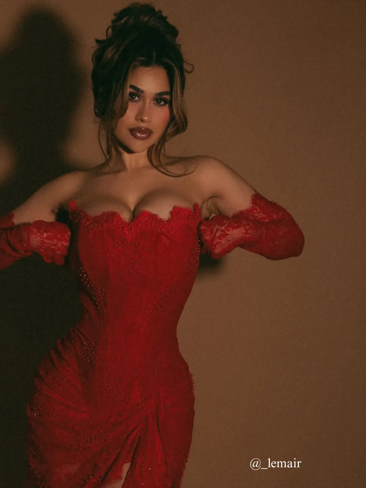 Pora Strapless Ruched Lace Dress With Gloves In Red sold by Mew Mews product image thumbnail 5