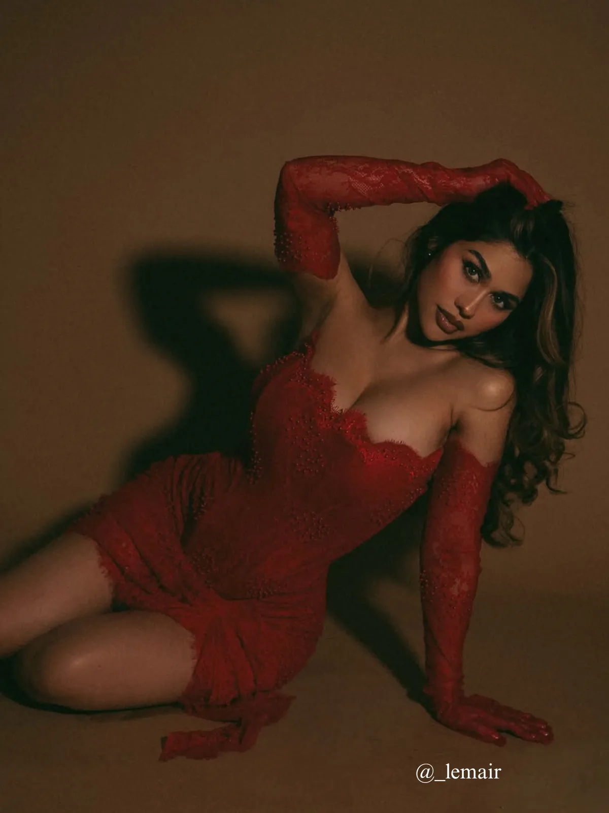 Pora Strapless Ruched Lace Dress With Gloves In Red sold by Mew Mews product image thumbnail 3