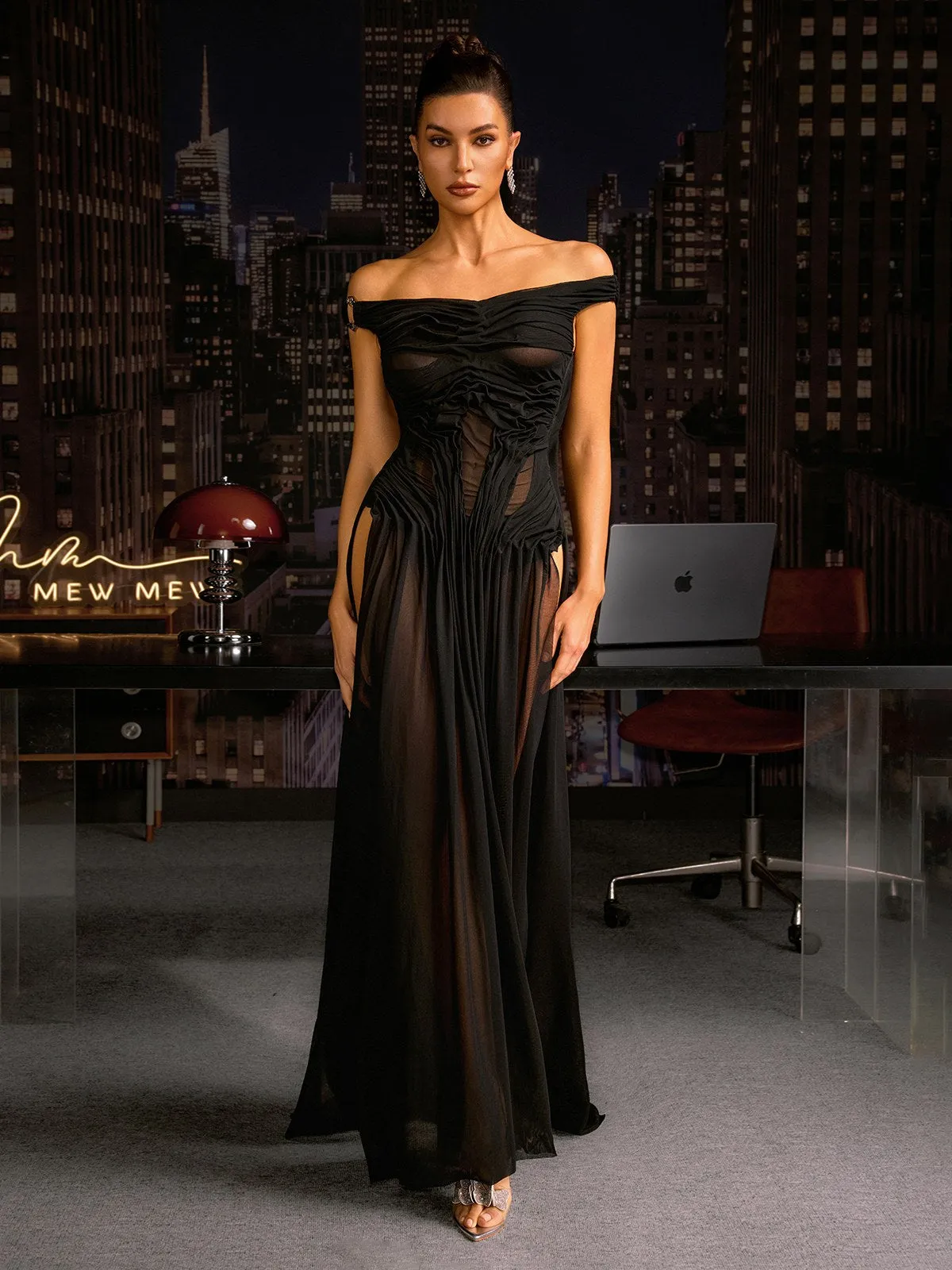 Cylora Off Shoulder Ruched Buckle Maxi Dress In Black sold by Mew Mews product image thumbnail 3