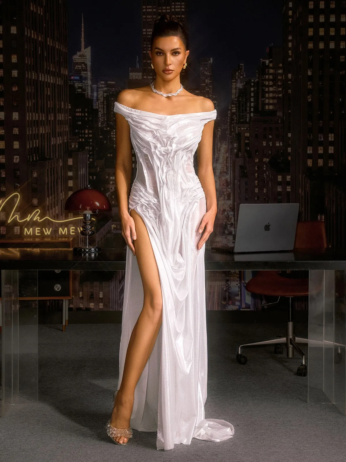 Cylora Off Shoulder Ruched Split Maxi Dress In White sold by Mew Mews product image thumbnail 4