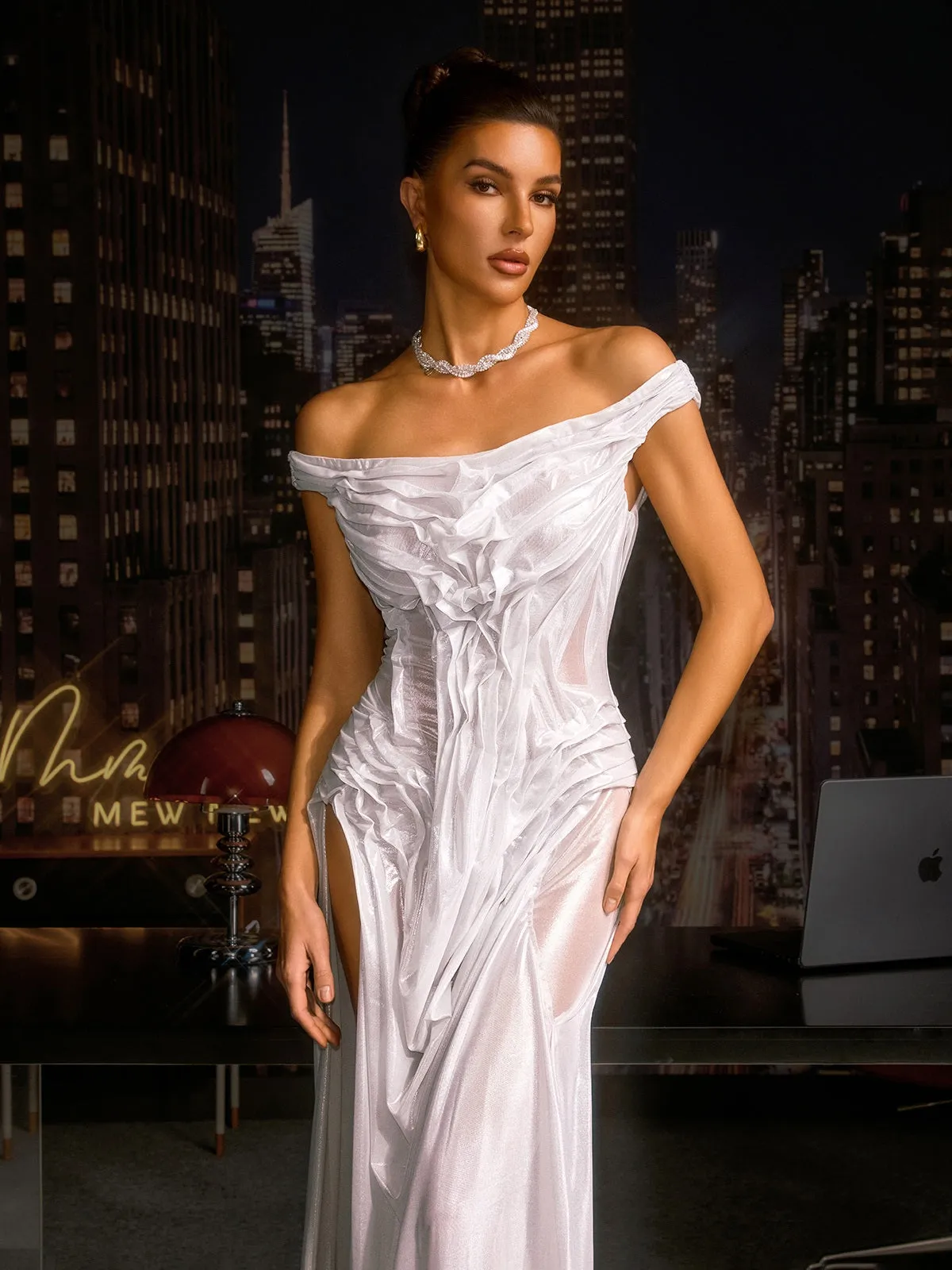 Cylora Off Shoulder Ruched Split Maxi Dress In White sold by Mew Mews product image thumbnail 5