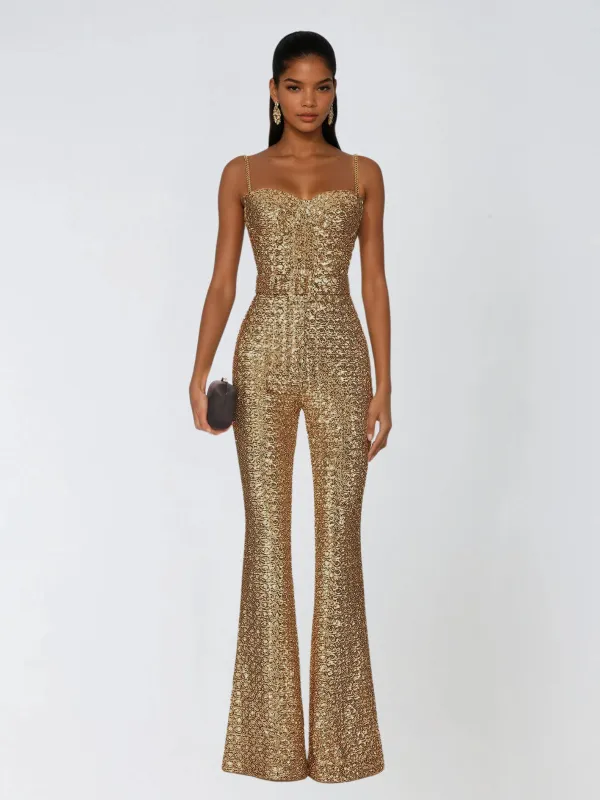Selyxyn Spaghetti Sequin Flared Jumpsuit made by Mew Mews