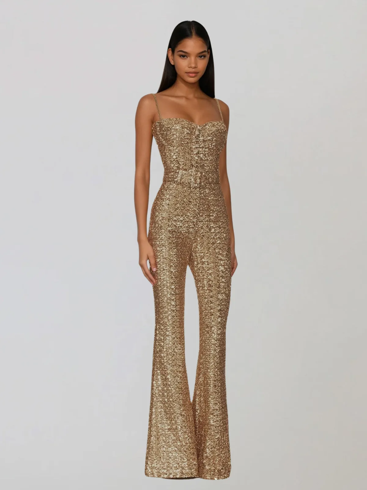 Selyxyn Spaghetti Sequin Flared Jumpsuit sold by Mew Mews product image thumbnail 2