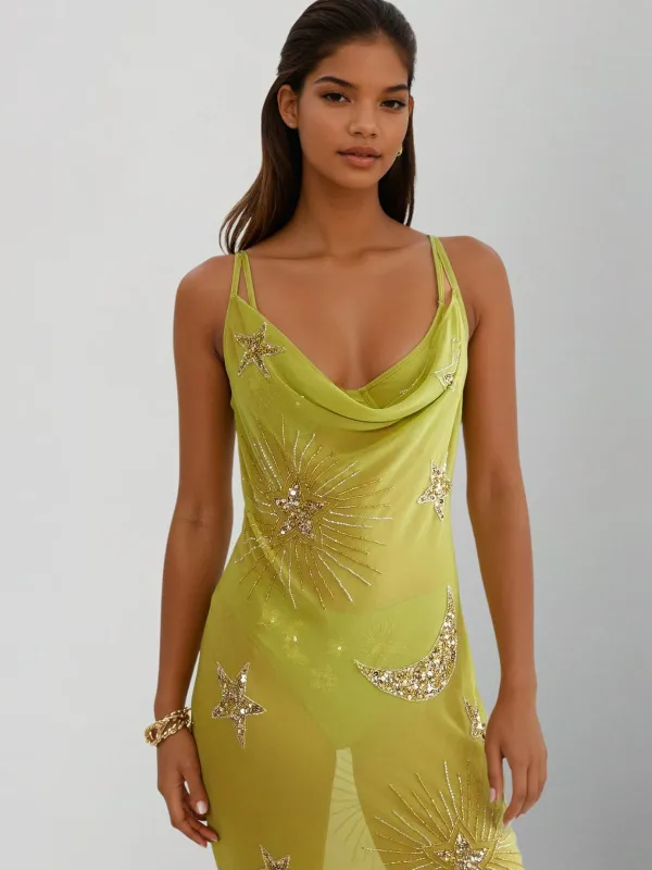 Nexila Cowl Neck Sequin Mesh Maxi Dress In Chartreuse made by Mew Mews
