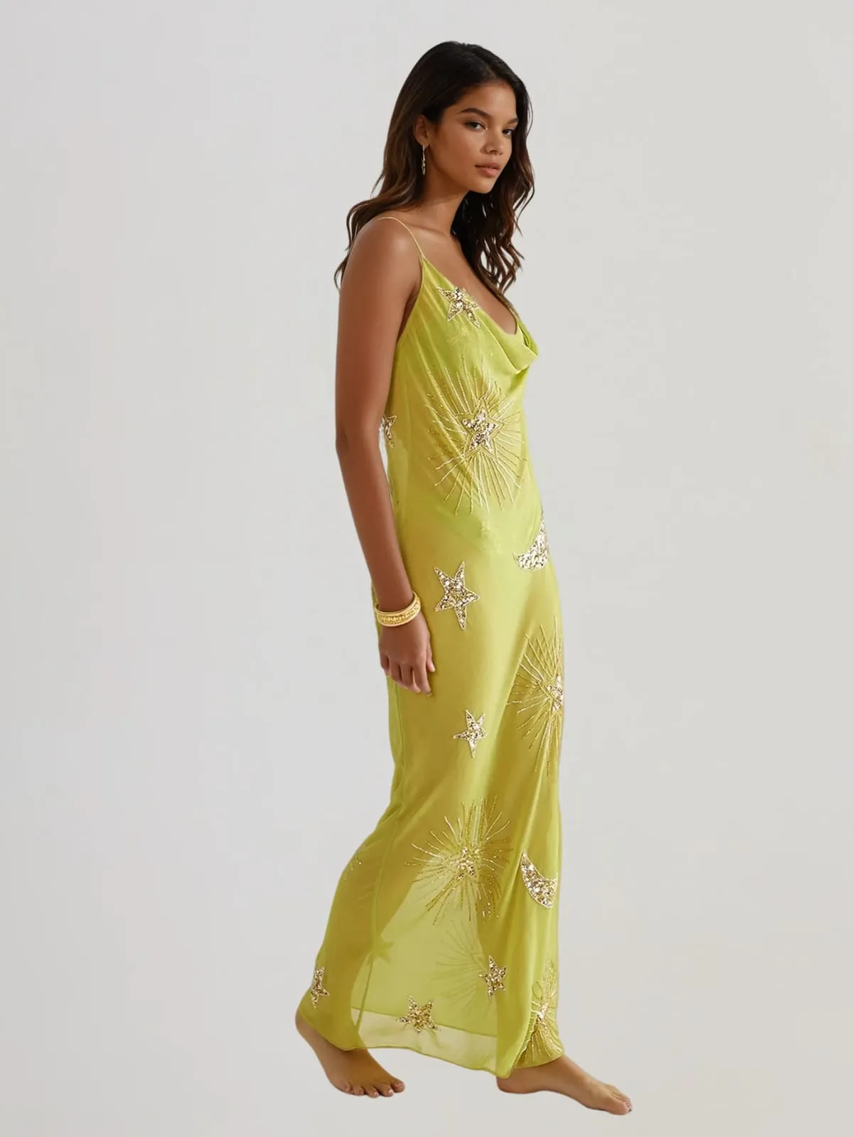 Nexila Cowl Neck Sequin Mesh Maxi Dress In Chartreuse sold by Mew Mews product image thumbnail 2