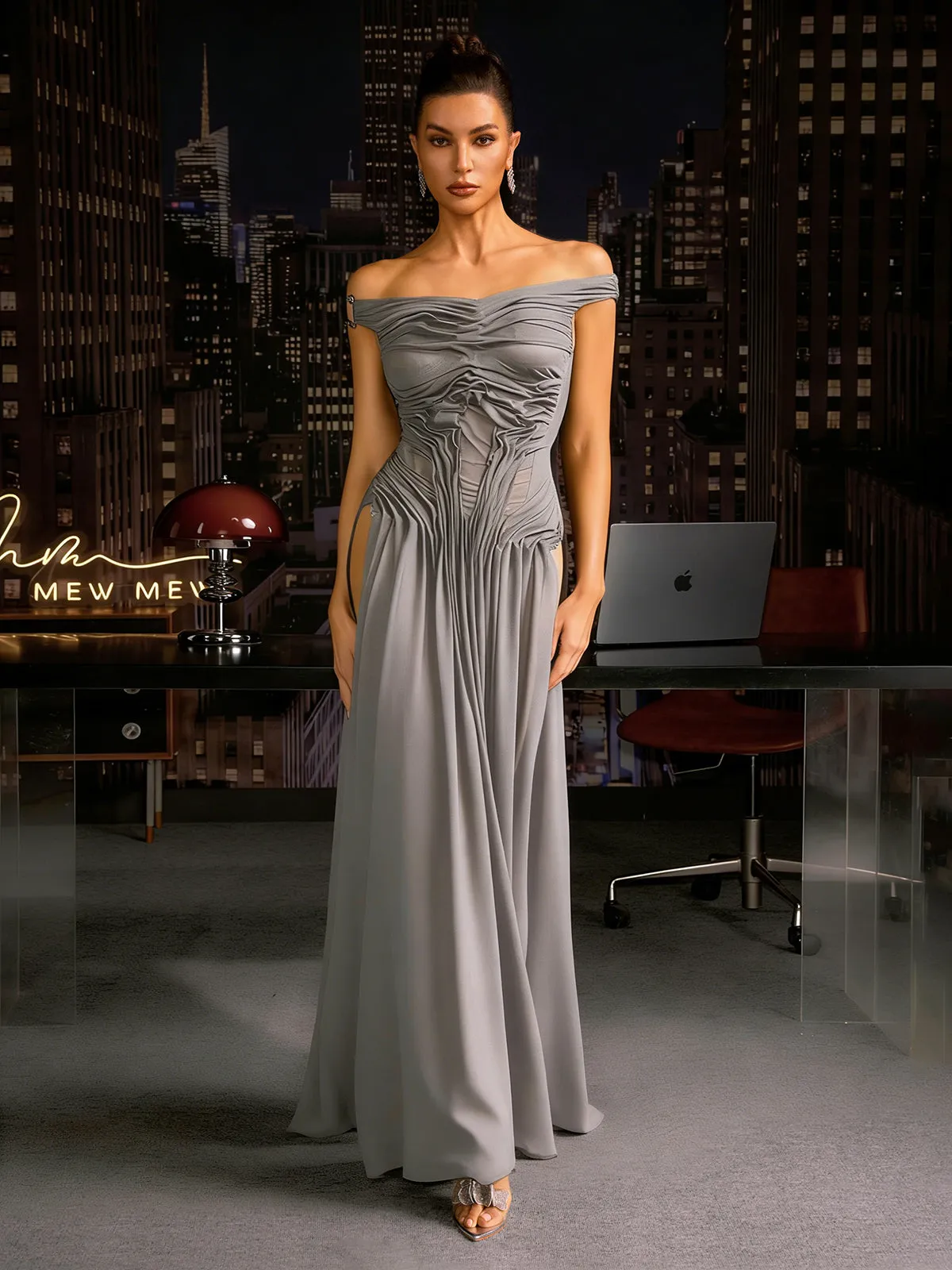 Cylora Off Shoulder Ruched Buckle Maxi Dress In Grey sold by Mew Mews product image thumbnail 3