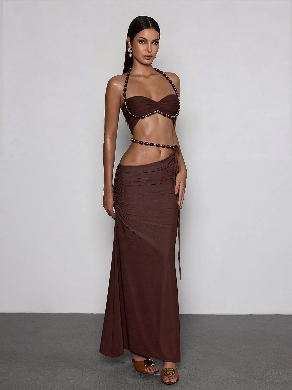 Eryna Halterneck Ruched Skirt Set In Coffee sold by Mew Mews product image thumbnail 5